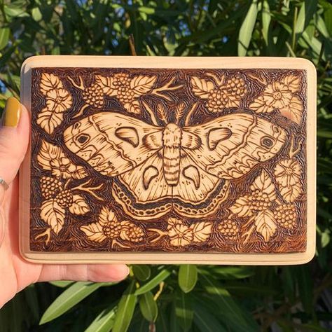 Moth Wood Burning, Cottagecore Wood Burning, Cottagecore Pyrography, Wood Burn Art, Wood Burned Art, Woodburning Art, Pyrography Ideas, Pyrography Designs, Woodburning Ideas