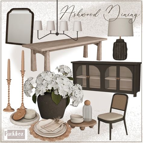 Ashwood Dining | Patreon Sims 4 Dining Cc, Pinkbox Anye, Mod Furniture, Cozy Furniture, Sims 4 House Building, Dining Room Cozy, Sims 4 Cc Furniture, Sims 4 Cc Packs, Sims 4 Collections