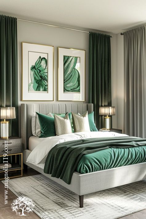 A sophisticated bedroom with emerald green curtains, grey upholstered bed, gold-framed wall art, green silk bedspread, grey woolen area rug. Luxurious blend of textures, silver bedside lamps. Color scheme: emerald green, grey, gold. Click now! Master Bed Color Ideas, Grey And Emerald Green Bedroom, Color Scheme Emerald Green, Green Bed Decor, Emerald Green And Grey Bedroom, Bedroom Ideas Green And Grey, Green And Grey Room, Grey Upholstered Bed Decor Color Schemes, Gray Bedroom Ideas With Pop Of Color