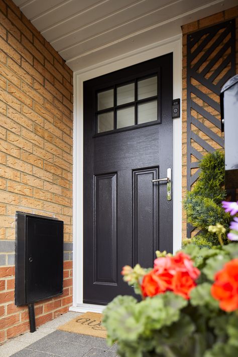 black modern composite front door, in a classic style pictured on a new build classic home with satin glass for privacy and natural light. Black Composite Front Door, Composite Front Door, Porch Doors, Door Price, Door Styles, Front Doors, Classic Collection, Front Door, Classic Style