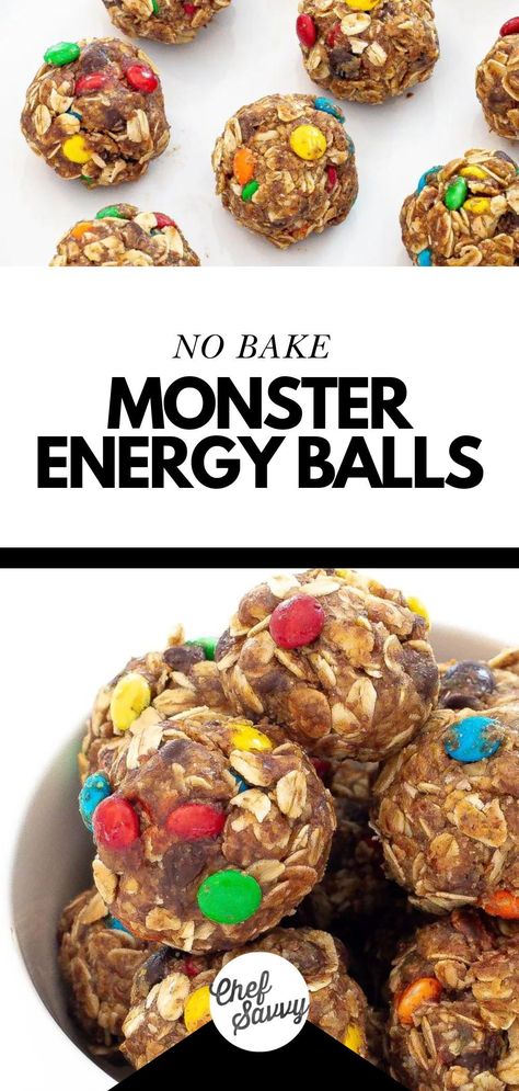 Save this recipe for the Best Easy Healthy No Bake Monster Energy Balls! Monster Energy Balls are bite-sized treats that combine the flavors of monster cookies with wholesome, energy-packed ingredients like peanut butter, flaxseed, and oats. These no-bake delights are a convenient, protein-packed snack that'll keep you fueled throughout the day. Follow Chef Savvy for more fall dessert recipes! No Bake Monster Cookie Energy Balls, Monster Energy Bites, Monster Energy Balls, Cookies With Oats, Oats Peanut Butter, Energy Food, Healthy No Bake, Peanut Butter Oats, Protein Packed Snacks