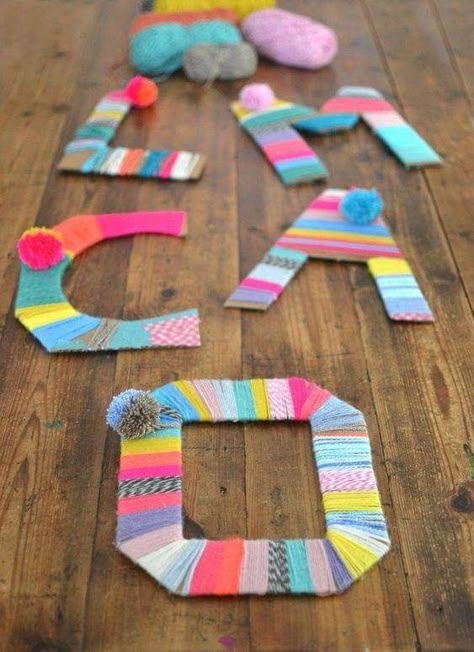 Yarn Crafts For Kids, Cardboard Letters, Art Project For Kids, Project For Kids, Easy Art Projects, Cool Art Projects, Art Yarn, Letter C, Camping Crafts