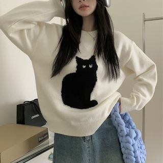 Black Cat Aesthetic, Aesthetic Sweaters, Oversized Sweater Women, Cat Sweater, Winter Outwear, Knitted Tops, Warm Sweaters, Women Sleeve, Sweater Women