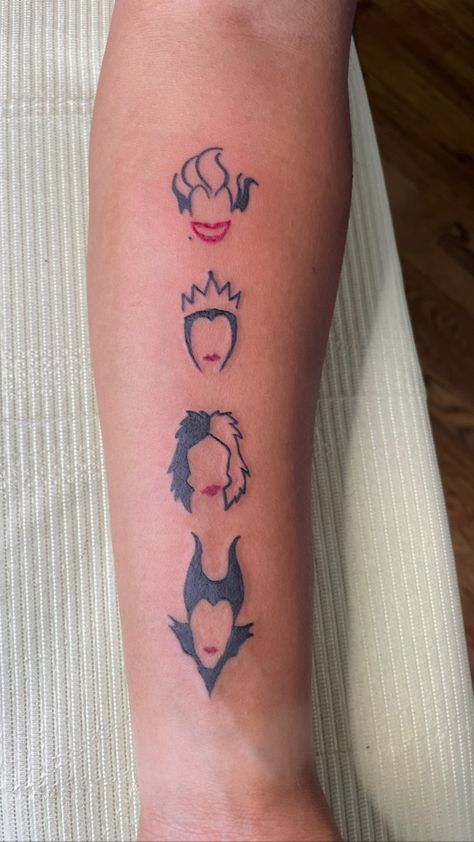 Evil Disney Tattoos, Small Disney Villains Tattoos, Tattoo Disney Princess, Disney Villains Tattoos Sleeve, Villian Tattoo Ideas, Evil Queen Tattoo Ideas, Disney Villians Tattoos, Cruella Deville Tattoo, Ursula Tattoo Ideas