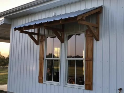 Wooden Window Awnings Exterior, Timber Frame Awning, Rustic Awnings For Windows, Ranch House With Awnings, Wood Window Awning, Wood Awning Over Door Exterior, Corrugated Metal Window Awning, Houses With Awnings Over Windows, House With Window Pergolas