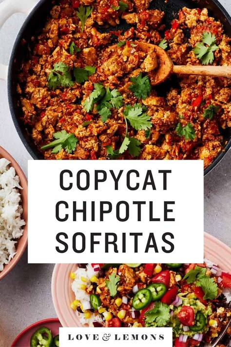 These copycat Chipotle sofritas are delicious in burritos, tacos, and bowls! They're made from crumbled tofu that's simmered in a smoky, spicy homemade sauce. Sofritas Chipotle Recipe, Crispy Tofu Recipes, Tofu Sofritas, Vegan Sofritas, Sofritas Recipe, Chipotle Sofritas, Crumbled Tofu, Chipotle Tofu, Chipotle Copycat Recipes