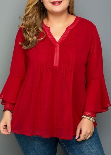 Quarter Sleeve Blouse, Three Quarter Sleeve Blouses, Fashion Tops Blouse, Half Sleeve Blouse, Blouse Pattern Sewing, Hem Blouse, Red Blouse, Solid Clothes, Plus Size Blouses