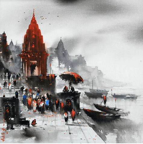 Bring home On the banks of Ganga - a unique piece of art by the most loved Ashif Hossain. Find the art you love on Artflute.com. Varanasi Ghat Painting, India Painting Ideas, Charcoal Art Landscape, Banaras Painting, Varanasi Temple, Varanasi Painting, Grey Acrylic Painting, Banaras Ghat, Earthy Art