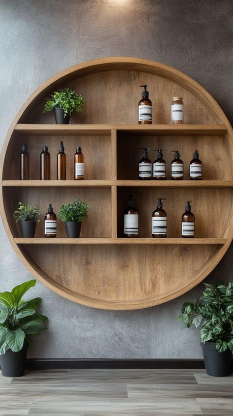 Round wooden shelving unit in a modern bathroom, with small bottles and potted plants, against an artistic wall design. Round Bathroom Shelf, Bathroom Shelf Ideas, Round Wall Shelves, Nursery Design Neutral, Wooden Shelving, Relaxing Bathroom, Round Shelf, Spa Room Decor, Stunning Bathrooms