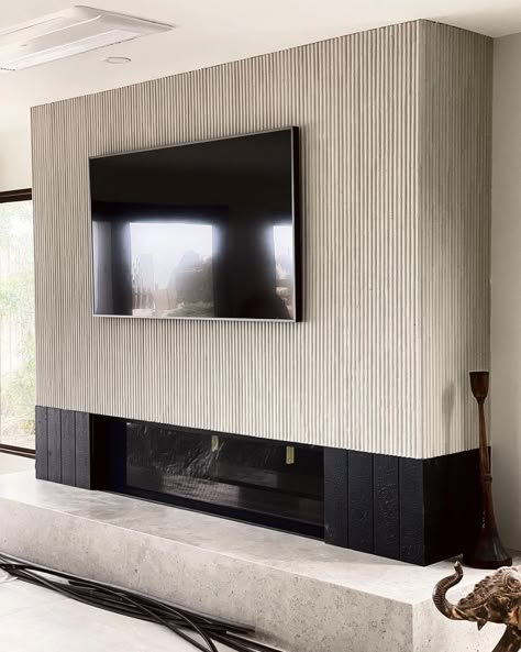 Hosowari Border | GCThomas Fluted Tile Fireplace, Wood Slat Fireplace Wall, Fireplace And Tv Wall, Modern Linear Fireplace, Fireplace Revamp, Luxury Cafe, Fireplace And Tv, Basement Fireplace, Fireplace Update