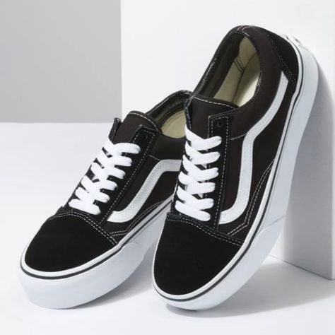 The Old Skool Platform combines the classic side stripe skate shoe with sturdy canvas and suede uppers, re-enforced toecaps to withstand repeated wear, padded collars for support and flexibility, and platform signature rubber waffle outsoles. Platforms Aesthetic, Old Skool Stackform, Black Slip On Vans, Checkered Shoes, Old Skool Platform, Old School Vans, Old Skool Black, Platform Shoe, Vans Black And White