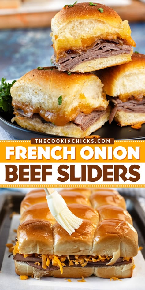 These French Onion Beef Sliders are perfect as a main meal, quick appetizer, or game day option! Enjoy the unbeatable flavor combination of shaved roast beef, caramelized onions, and smoked cheddar cheese on soft Hawaiian rolls. Perfect with some fries, onion rings, or chips! French Onion Beef, Party Sliders, Farmhouse Recipes, Sliders Recipes, Goblin Market, Tailgating Ideas, Hawaiian Roll Sliders, Sweet Dinner Rolls, Hawaiian Roll