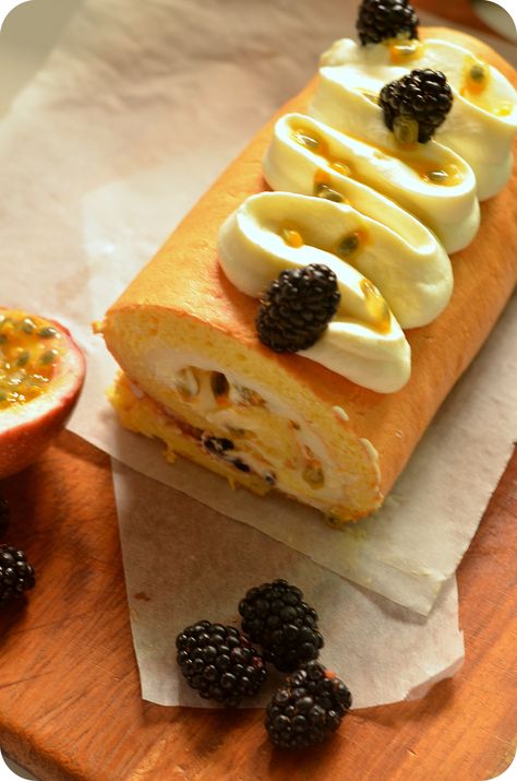 Hello there, May is almost coming to the end. As promised,  here is another passion fruit recipe in the spirit of passion fruit month! I always adore swiss rolls; they come under the category of si... Passionfruit Dessert, Passion Fruit Cake, Swiss Roll Cakes, Showstopper Cakes, Passionfruit Recipes, Swiss Rolls, Fruit Recipe, Cake Roll Recipes, Fruit Roll