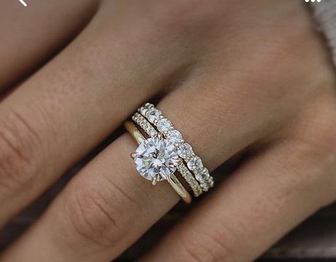 Mixed Metal Wedding Band Stack, Ring Stacking Ideas Wedding Bands Gold, Three Ring Stack, Round Diamond With Wedding Band, Gold And White Gold Wedding Ring Set, Round Solitaire Wedding Stack, Wedding Ring Stack Round Diamond, Round Wedding Ring Stack, Mixed Metal Ring Stack Wedding Bands