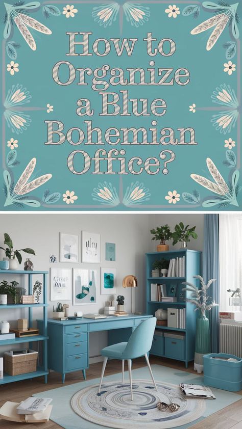 Organize your blue bohemian office with artistic, moody accents. 🌌✨ Use a moody feminine home office style with jewel-toned storage bins and decorative trays. 💙🧺 Add a boho wreath or macramé wall hanging for texture. 🌿 Keep papers and notebooks neat with vintage office inspiration like old wooden file boxes. 🕰️🎨 It’s a perfect mix of dramatic home decor and organization. #bohemianhomeoffice #bohochicdecor #bohointerior #bohemianflair #bohostylehouse #romanticbohoaesthetic #dramaticdecor Bohemian Office Space, Moody Feminine, Scandi Boho Interior, Bohemian Home Office, Blue Home Office, Feminine Home Office Ideas, Boho Style House, Boho Home Office, Blue Home Offices