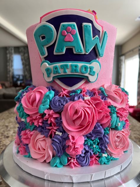 Created a girls tiered Paw Patrol birthday cake with a floral bottom tier with Skye and Everett. Liberty Paw Patrol Cake, Girl Paw Patrol Cake, Paw Patrol Cake Girly, Paw Patrol Birthday Cake Girl, Paw Patrol Girl Birthday, Skye Paw Patrol Cake, Skye Paw Patrol Party, Paw Patrol Skye Birthday, Paw Patrol Birthday Decorations