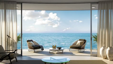 Luxury Beach Apartment, Sea View Balcony, Ocean View Living Room, Beach View House, Sea Villa, Ocean View Balcony, Modern Balcony, Chalet Design, Cancun Mexico