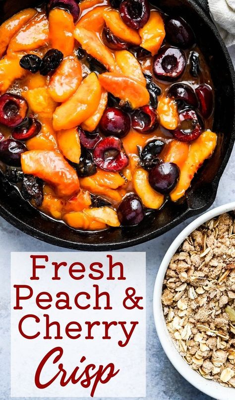 assembling the peach cherry crisp. Cherry Peach Crisp, Peach And Cherry Recipes, Peach Cherry Cobbler, Amaretto Recipes, Peaches And Cherries, Cast Iron Skillet Recipes Dinner, Cherry Amaretto, Easy Peach Crisp, Cherry Cobbler Recipe