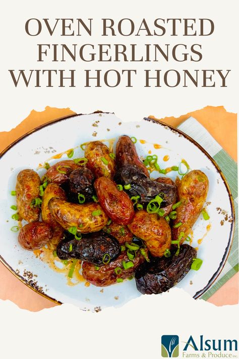 Honey Potatoes, Gameday Recipes, Friendsgiving Food, Roasted Fingerling Potatoes, Types Of Potatoes, Fingerling Potatoes, Potato Sides, Sweet Heat, Hot Honey