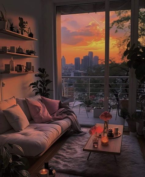 Big Windows Apartment Aesthetic, Aethstetic House Interior, Big Window Home, Cozy High Rise Apartment, Apartment With Natural Light, Comfy Studio Apartment, Studio Organization Apartment, Sunny Apartment Aesthetic, Pretty Apartment Aesthetic