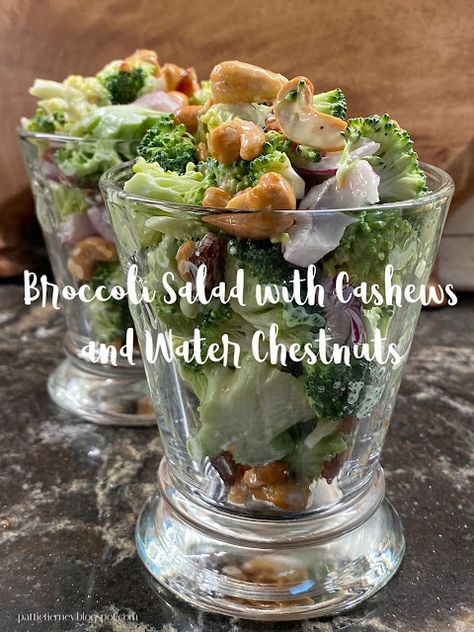 Olla-Podrida: Broccoli Salad with Cashews and Water Chestnuts Waterchestnut Recipes Salad, Broccoli Salad With Cashews, Water Chestnut Salad, Waterchestnut Recipes, Salad With Cashews, White Almond Cakes, Smoked Salmon Spread, Salmon Spread, Asparagus Bacon