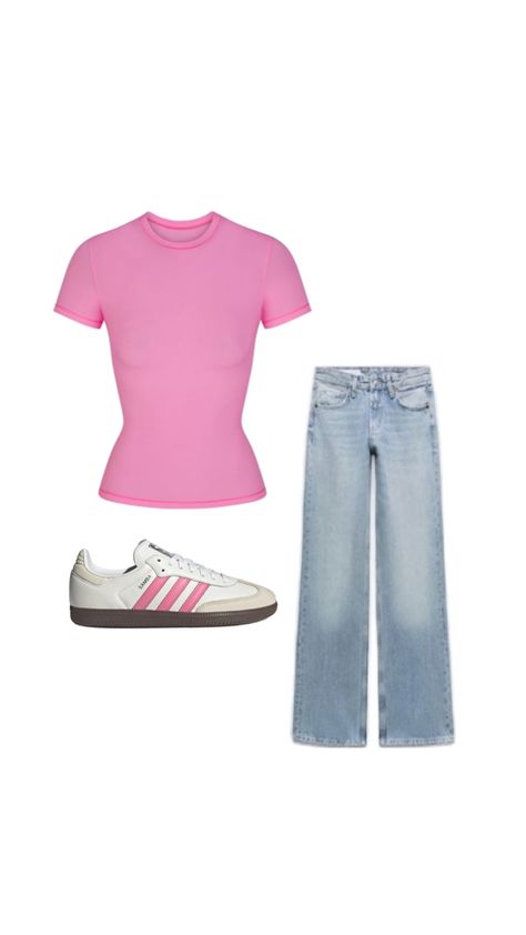 SKIMS Cotton Jersey T-Shirt in Sugar Pink, Zara mid-rise wide-leg jeans in light blue, Adidas cloud white / lucid pink Samba OG Light Pink Shirt Outfit, Pink Adidas Outfit, Pink Sambas, Pink Samba, Light Blue Jeans Outfit, Light Blue Adidas, Pink Shirt Outfit, Samba Adidas Outfit, White Shoes Outfit