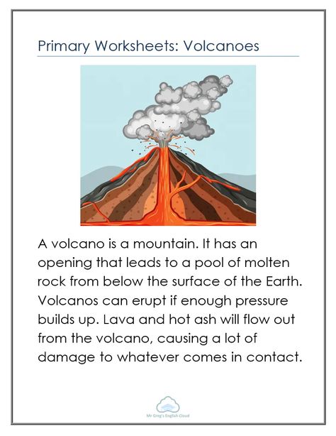 Primary Science: Volcanoes - Mr Greg's English Cloud Notes About Volcanoes, Volcanic Eruption Infographic, All About Volcanoes, Volcano Worksheet, Before Volcanic Eruption, Volcano For Kids, Reading Comprehension Lessons, Primary Science, Basic Math Skills