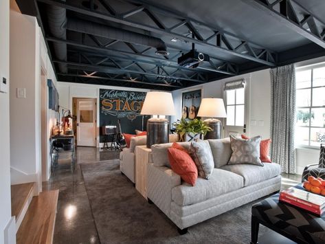 Looking for a way to revamp your boring basement? These 13 amazing spaces will inspire you. Industrial Basement, Basement Paint Colors, Urban Industrial Decor, Basement Painting, Basement Construction, Basement Office, Basement Living, Basement Inspiration, Small Basements