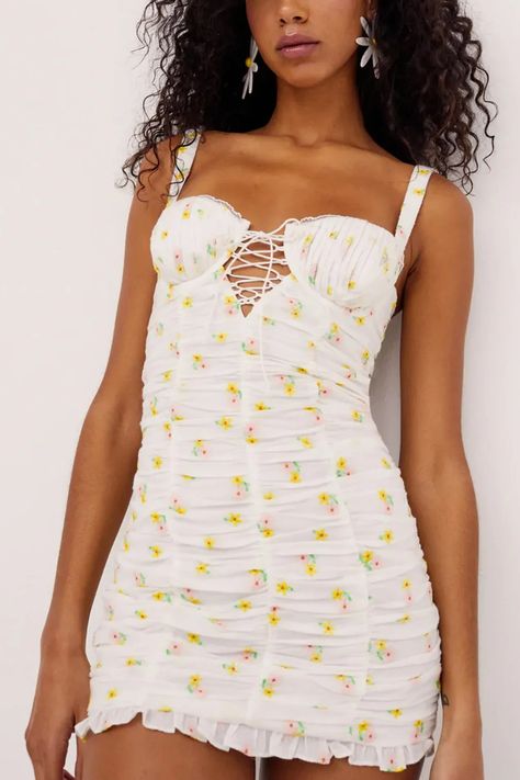 The Coquette Aesthetic Is Trending On TikTok - Here's How To Get The Look | Glamour UK Lemon Dress, Pink Floral Dress, For Love & Lemons, Love And Lemons, Floral Mini Dress, For Love And Lemons, Embroidered Lace, White Mini Dress, Wearing Dress