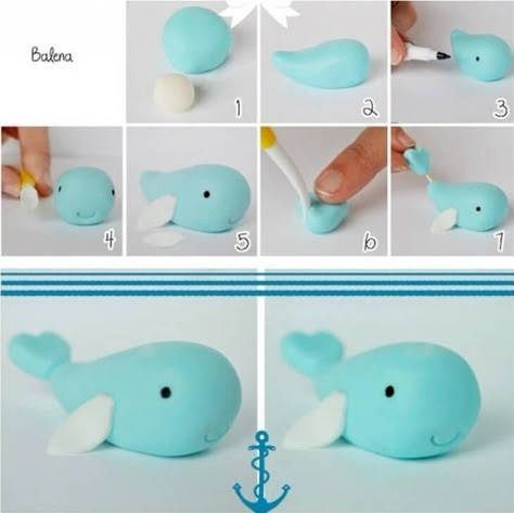 Whale Cake, Kue Fondant, Fondant Animals, Fondant Tutorial, Tanah Liat, Fondant Decorations, Polymer Clay Animals, Fondant Figures, Sugar Craft