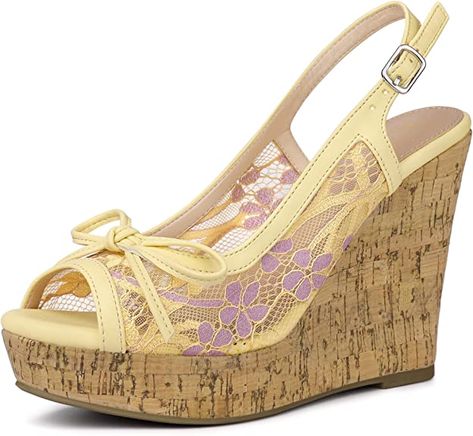 Amazon.com | Allegra K Women's Wood Platform Heels Bow Lace Wedge Purple Sandals 8 M US | Platforms & Wedges Wood Platform Heels, Heels Bow, Yellow Wedges, Lace Wedges, Purple Sandals, Wood Shoes, Platform Wedge Heels, Wedges Sandals, Bow Decor