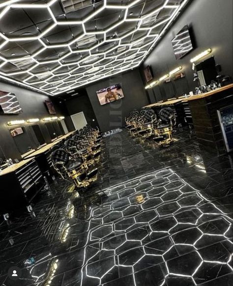 Discover Opulence: Studio Seg Dubai Barber Shop Interior Design #freelogo 💯 Barber Shop Garage Ideas, Cool Barbershop Design, Barber Shop Station Ideas, Barber Lighting Ideas, Barbershops Designs, Barber Shop Lighting Ideas, Barber Shop Interior Design Modern, Men's Barber Shop Decor, Barber Shop Decor Ideas Interior Design