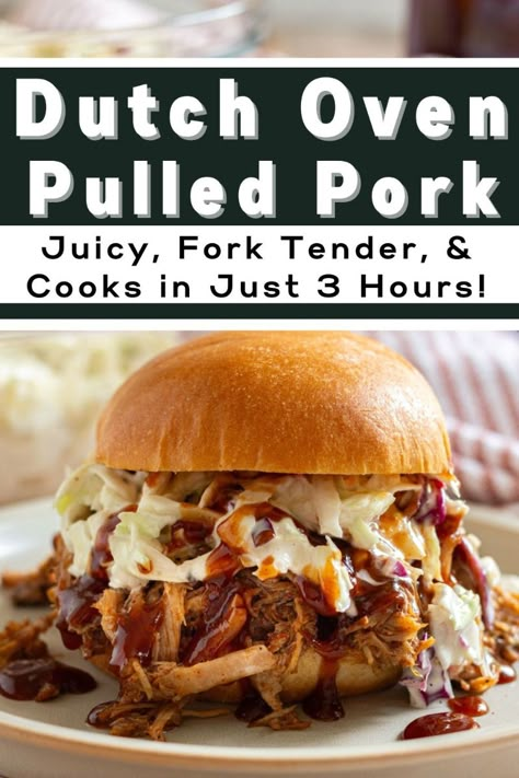 Make this easy Dutch oven pulled pork tonight! This flavorful pulled pork recipe will quickly become your go-to for bbq pulled pork. You can make moist, juicy, and mouthwatering pulled pork in only 3 hours of cooking time with Dutch Oven Pulled Pork! Perfect for summer BBQs, cookouts, and camping dinners. Camping Pulled Pork, Best Pulled Pork Oven Recipe, Pulled Pork Sandwiches Oven, Oven Baked Pulled Pork Recipes, Recipe For Pulled Pork In Crockpot, Dutch Oven Pulled Beef, Bbq Pulled Pork In Dutch Oven, Bbq Pulled Pork Dutch Oven, Pulled Pork Sloppy Joes