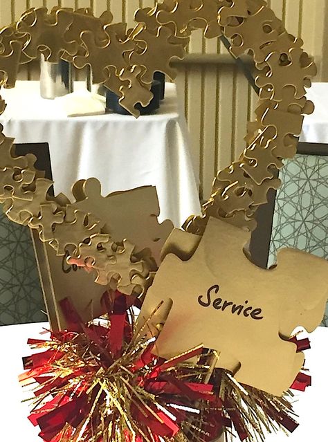 Puzzle Decorations Ideas, Puzzle Piece Centerpiece Ideas, Puzzle Centerpiece Ideas, Volunteer Appreciation Dinner, Puzzle Party, Adoption Party, Volunteer Gifts, Handmade Gifts Diy, Volunteer Appreciation