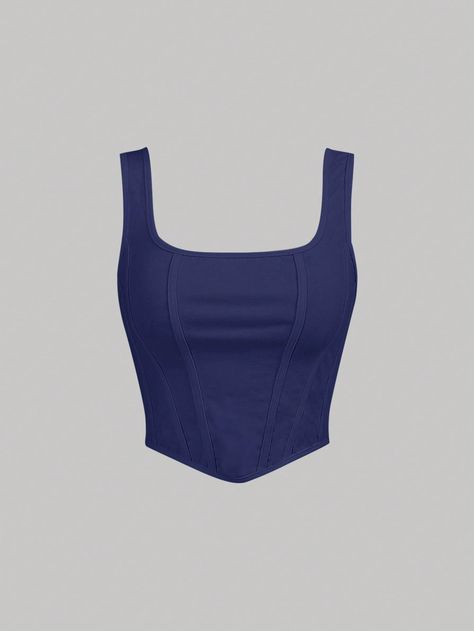 Azul Marino Casual Collar  Tela Liso Tank Embellished Elástico Ligero Blue Corset Aesthetic, Navy Blue Corset Top, Dark Blue Tank Top, Blue Corset Top, Dark Blue Top, Navy Blue Crop Top, Shein Fits, Blue Clothes, Top Azul