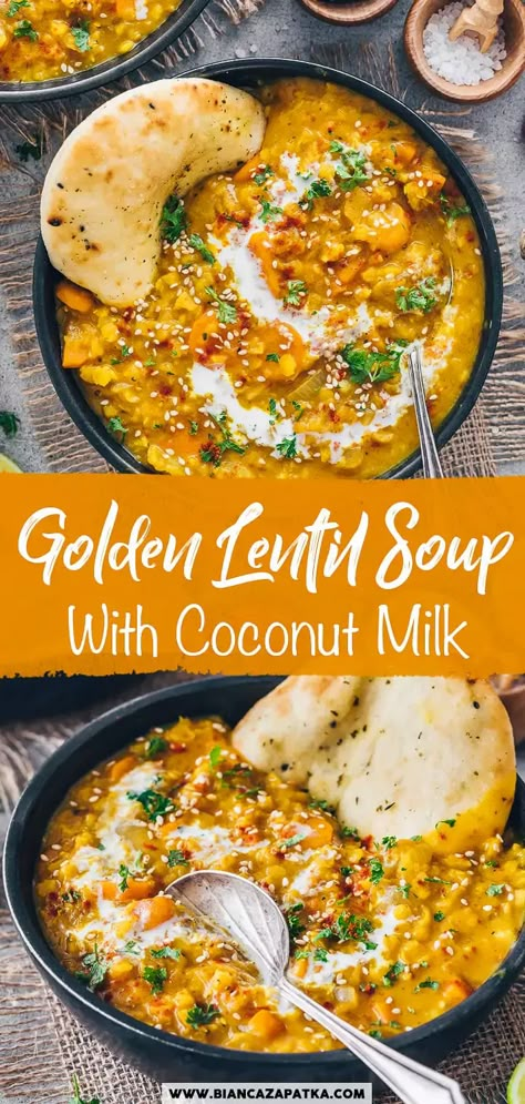 Golden Lentil, Soup With Curry, Lentil Dal Recipe, Indian Lentil Soup, Coconut Lentil Soup, Lentil Curry Recipes, Lentils Vegan, Curried Lentil Soup, Lentil Dal