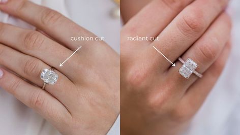 Cushion Cut vs Radiant Cut Diamonds | Diamond Buzz Radiant Vs Cushion Engagement Ring, Elongated Cushion Cut Diamond Ring, Cushion Vs Radiant Diamond, Radiant Vs Elongated Cushion, Enlonged Cushion Cut, Radiant Vs Cushion, Elongated Cushion Vs Radiant, Pave Band Engagement Ring, Radiant Diamond Rings