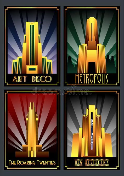 Art Deco Architecture Poster Set stock illustration Art Deco Poster Design, Future Illustration, Hollywood Art Deco, Art Deco City, Arte Art Deco, Building Background, Art Deco Illustrations, Art Deco Cards, Futurism Art