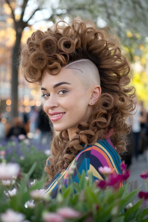 Embrace your individuality with this stunning Mohawk styled in fabulous curly hairstyles. Perfect for medium to long hair, this eye-catching look features voluminous curls that add flair and personality. Whether you’re heading to school or a summer concert, this bold and cute style is sure to turn heads. Experiment with a half-up half-down twist for added charm! #curlyhairstyles #Mohawk Curly Hair Color Ideas, Gorgeous Curly Hair, Curly Hair Color, Mohawk Styles, Medium To Long Hair, Colored Curly Hair, Voluminous Curls, Voluminous Hair, Summer Concert