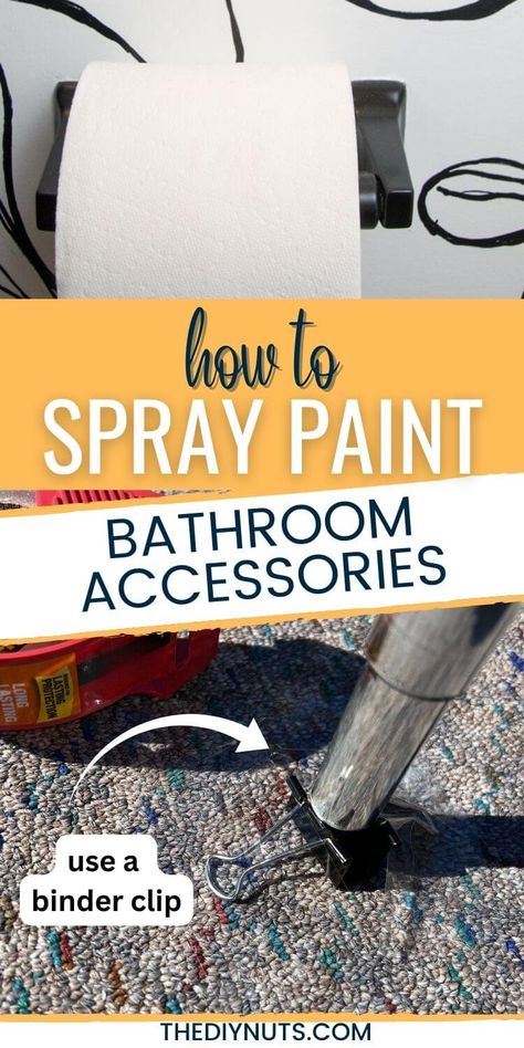 Paint Toilet Paper Holder, Towel Ring Decorating Ideas, Spray Paint Shower Curtain Rod, Spray Paint Towel Bar, Spray Paint Bathroom Fixtures, Diy Bathroom Accessories, How To Paint Behind A Toilet, Flip Homes, Redo Bathroom