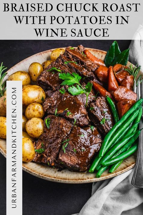 Braised Chuck Roast Portuguese Chuck Roast, Chuck Roast Braised, Meals To Make With Chuck Roast, Braised Chuck Roast Recipes, Braised Bottom Round Roast, Beef Chuck Pot Roast Recipes Dutch Oven, Braised Beef Chuck Roast, Boneless Chuck Roast Recipes Dutch Oven, Braised Chuck Roast Dutch Ovens