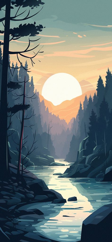 Mountain Phone Background, Sports Phone Wallpaper, Animated Landscape Wallpaper, Aesthetic Abstract Wallpaper, Sunset Phone Wallpaper, Mountain Landscape Illustration, Mountains Illustration, Rivers And Mountains, Sun Wallpaper