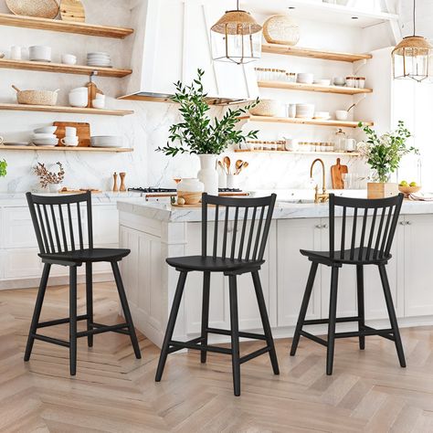 Gracie Oaks Solid Wood Windsor Back Counter Height Bar Stools & Reviews | Wayfair Tall Bar, Tall Bar Stools, Designer Bar Stools, Wooden Bar Stools, Counter Height Stool, Stools For Kitchen Island, Space Kitchen, Wood Farmhouse, Black Bar Stools