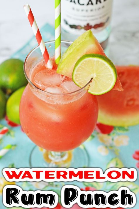 This Watermelon Rum Punch brings fruity flavor of fresh watermelon juice to a rum cocktail that you can enjoy all summer long. This easy and delicious tropical cocktail is guaranteed to be a hit at your next party. Watermelon Malibu Rum Drinks, Watermelon Rum Punch, Watermelon Rum Cocktail, Watermelon Rum Drink Recipes, Watermelon Juice Cocktail, Watermelon Mixed Drinks, Alcoholic Watermelon Drink, Cocktails With Watermelon Juice, Green Punch Recipes