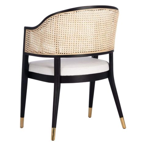 Rogue’s curved rattan back, natural stiletto inspired wood frame, and glamorous brass caps make it a bold, stylish statement piece in any modern dining room. Black Rattan, Contemporary Nightstand, Cane Dining Chair, Rattan Dining, Linen Chair, Rattan Dining Chairs, Wood Care, Chic Interior, Design Icon