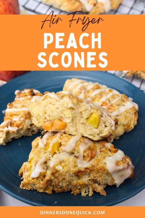 Discover the sweet and buttery flavors of these delicious Air Fryer Peach Scones! Easy to make and packed with juicy peach chunks, these scones are perfect for breakfast, brunch, or an afternoon treat. Follow this simple recipe to enjoy a fresh, warm scone straight from your air fryer. Pin and visit Dinners Done Quick for more air fryer recipes that are sure to impress! #AirFryerRecipes #PeachScones #SconesRecipe #BreakfastIdeas #PeachRecipes Peach Recipes Air Fryer, Peaches Air Fryer, Peach Breakfast Recipes, Peach Scones Recipe, Air Fryer Scones, Peach Biscuits, Fluffy French Toast, Peach Scones, Refreshing Summer Recipes