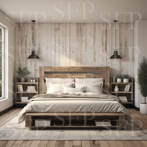 Rustic Modern Guest Bedroom, Bedroom With Wood Paneling Wall, Modern Farm Bedroom, Plank Wall Bedroom, Modern Lodge Decor, Modern Farmhouse Bed, Modern Cabin Bedroom, Extra Bedroom Ideas, Farmhouse Bedroom Wall