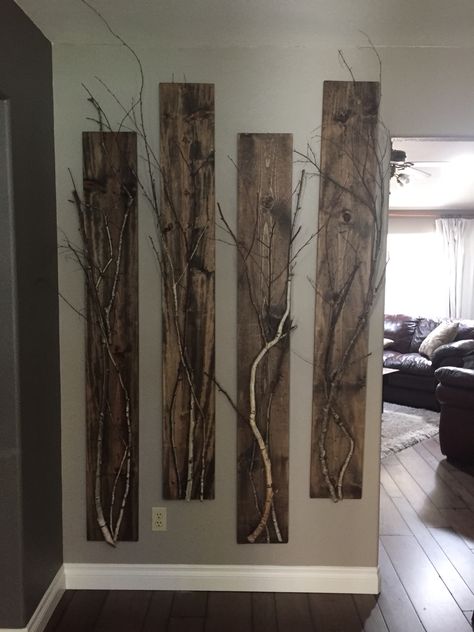 Decorating With Birch Branches, Garage Facelift, Branch Ideas, Tree Branch Wall Art, Twig Crafts, Painted Branches, Branch Art, Birch Branches, Wood Branch