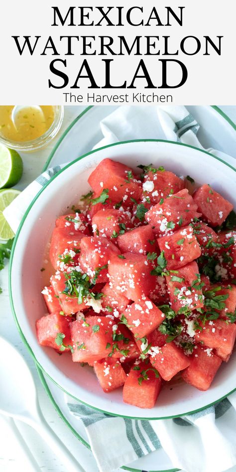 You’ll love this simple Mexican Watermelon Salad recipe with juicy ripe watermelon, cilantro and queso fresco all tossed in an addictive honey lime dressing. It’s a summer favorite and perfect for potlucks and backyard barbecues. Serve it with sandwiches, burgers, grilled chicken or fish. Salad Recipes Fruit, Mexican Watermelon, Ripe Watermelon, Watermelon Salad Recipes, Honey Lime Dressing, Fresh Salad Recipes, Best Salad Recipes, Watermelon Salad, Lime Dressing