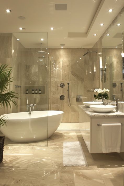 Step into luxury with this modern bathroom featuring polished beige marble tiles, recessed lighting, and a sleek freestanding bathtub. The vanity area boasts white vessel sinks, a marble countertop, and a large mirror for a spacious feel. The glass-enclosed shower area offers a rainfall showerhead, built-in shelves, and a stylish potted plant for a touch of greenery. Experience elegance and functionality in one space! Bathtub In The Shower Area, Bathroom Decor With Bathtub, Room Ideas Aesthetic Elegant, Modern Bedroom Marble, Aesthetic House Interiors Bathroom, Elegant Bathroom Design Luxury Bath, Luxury Homes Dream Houses Modern, Room Ideas Modern Luxury, Marble White Bathroom